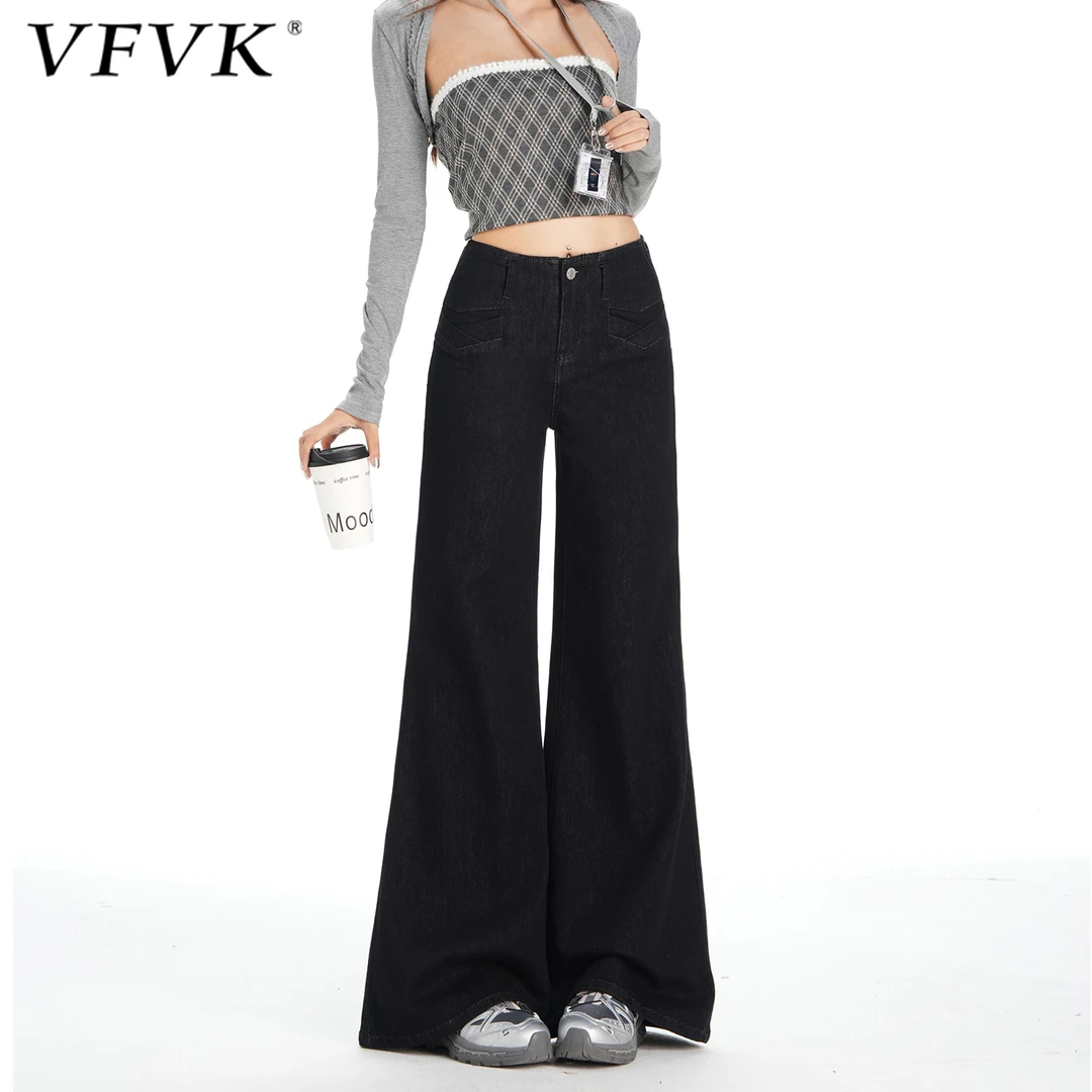 vfvk黑色不贴腿微喇牛仔裤女2025新款冬季裤子弹力宽松直筒喇叭裤