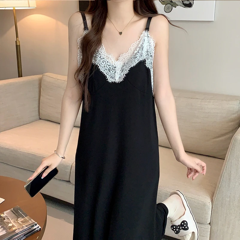 吊带睡裙女夏季法式新款性感带胸垫莫代尔薄款蕾丝边黑色露背睡衣