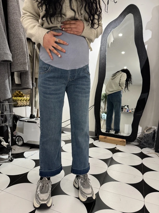 【实体店高品质】孕妇牛仔加大弹性翻边托腹烟管裤法棍裤春款