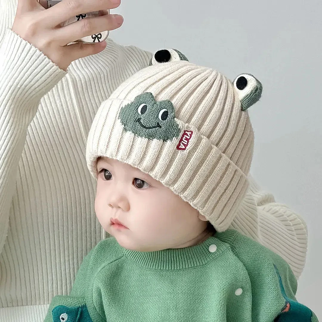 婴儿冬新款青蛙毛线帽宝宝保暖护耳防风卡通套头帽秋冬纯棉针织帽