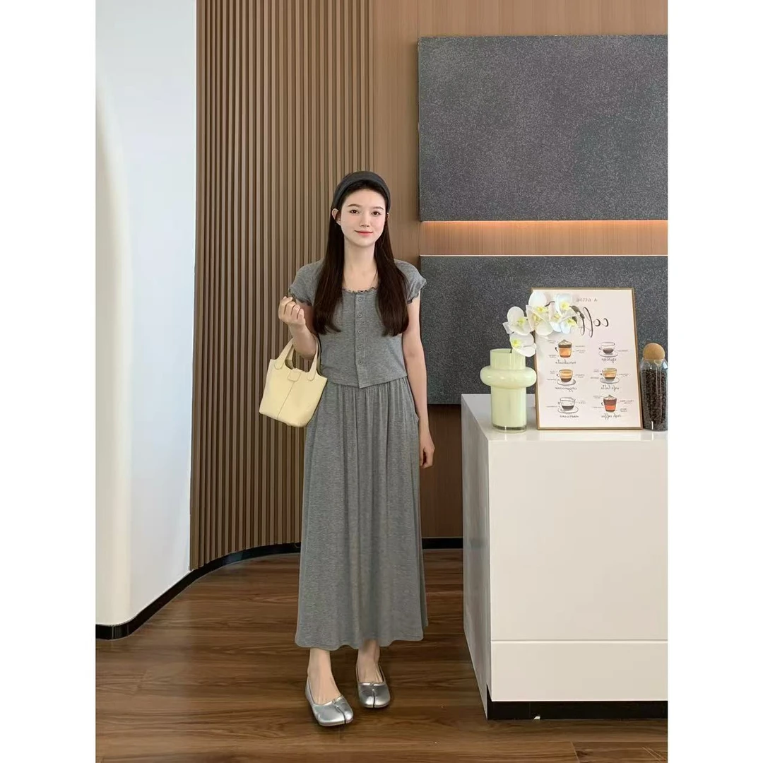 小羽酱小个子定制夏季木耳边短袖上衣＋松紧腰半身裙休闲棉质套装