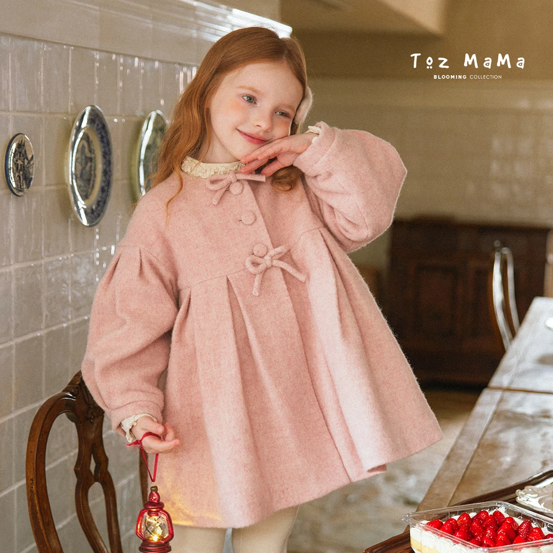 【双12】Toz Girls豆几妈女童蝴蝶结夹棉长款呢大衣冬季厚呢子外套