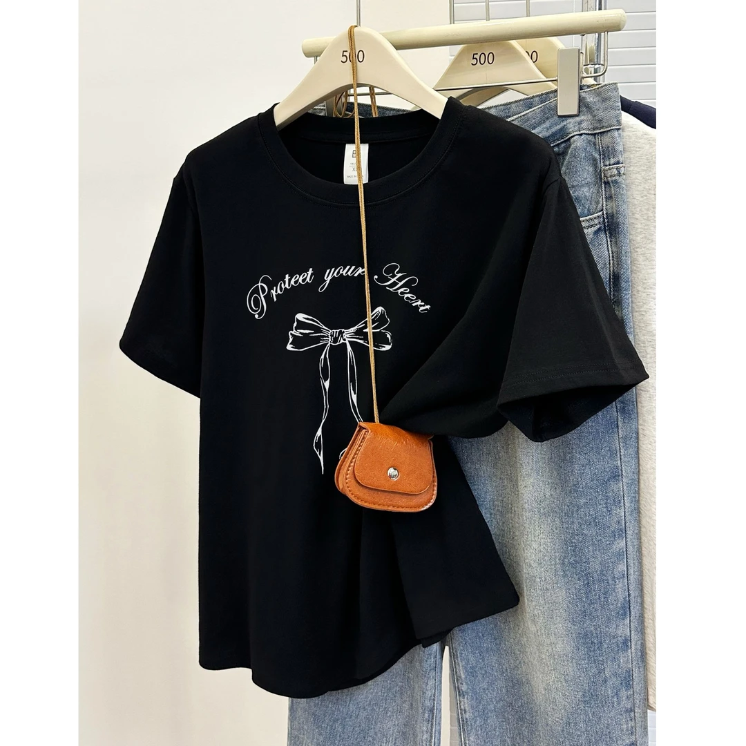 大码女装2025夏季新款韩系蝴蝶结印花正肩短袖T恤女显瘦百搭上衣