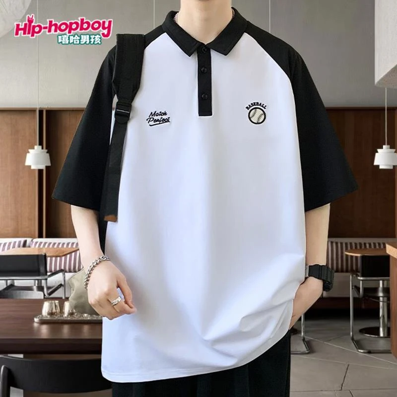 冰丝短袖t恤男士2025夏季青少年拼接撞色翻领男生polo衫宽松上衣T