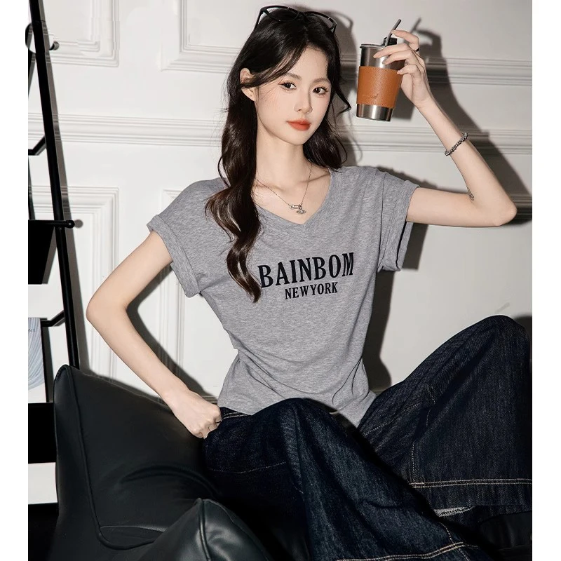 美式韩版设计感字母印花V领短袖T恤女2025夏新显瘦不规则收腰上衣
