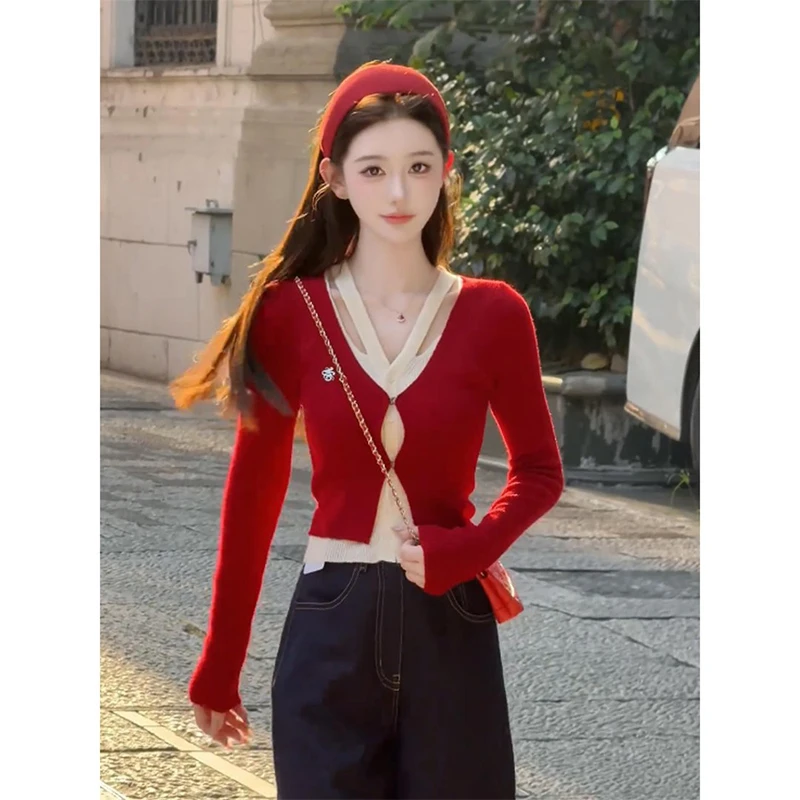 假两件撞色针织开衫女秋冬季新款巨好看修身显瘦打底内搭短款上衣