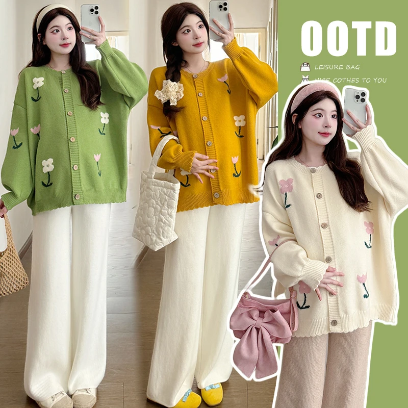 2025洋气花朵图案减龄慵懒休闲加厚毛衣外套孕妇装春秋外穿