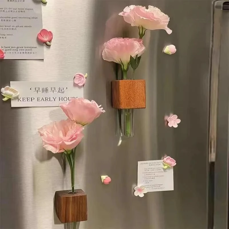 实木冰箱贴试管插花瓶创意日用家居装饰木质鲜花瓶简约原木磁吸贴