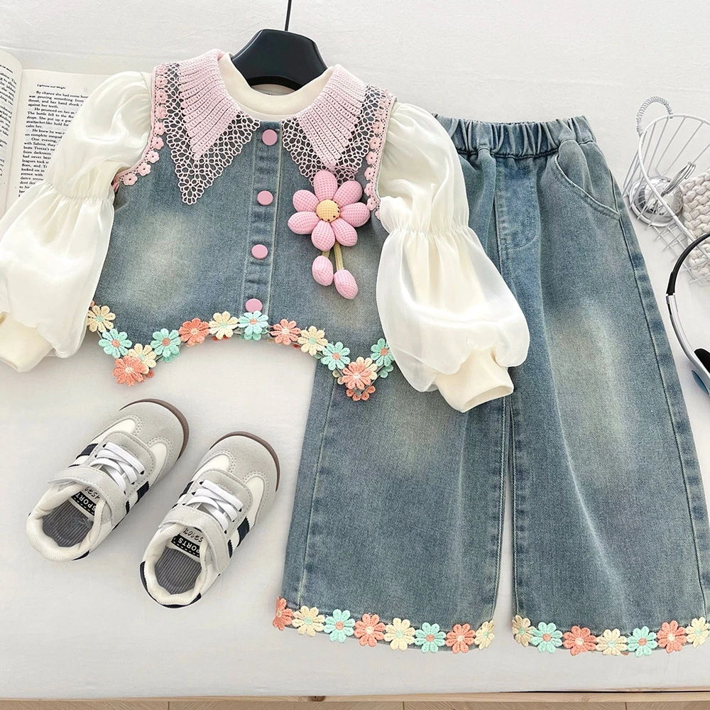 女童秋季软牛仔套装2025年新款儿童洋气马甲打底衫牛仔裤三件套潮