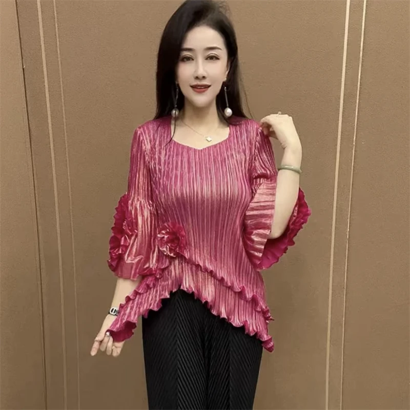 227春夏百搭宽松遮肉大码不规则褶皱立体花衬衣妈妈弹力打底小衫