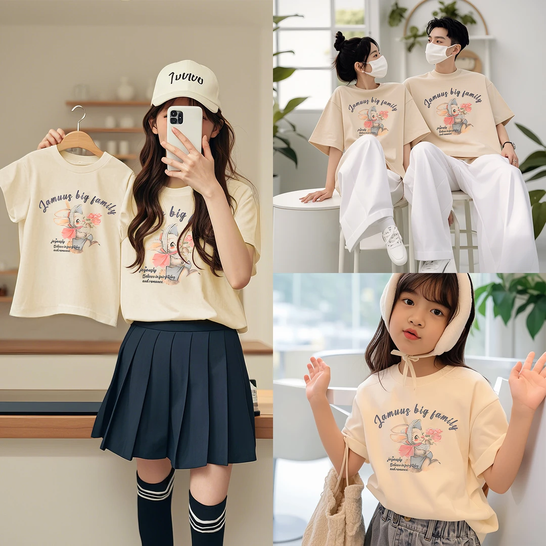 纯棉亲子装T恤2025夏款一家三口四口母女装短袖洋气婴儿宝宝上衣