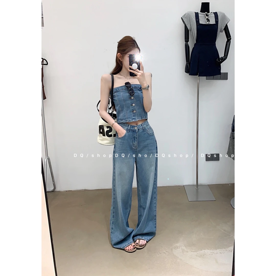 【 垫底辣妹】 牛仔抹胸➕裤子套装