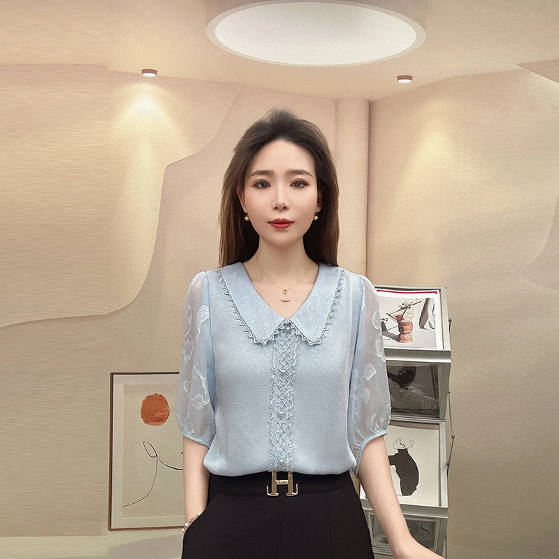 2025夏季新款娃娃领衬衫中袖遮肚子打底小衫气质上衣百搭洋气时尚