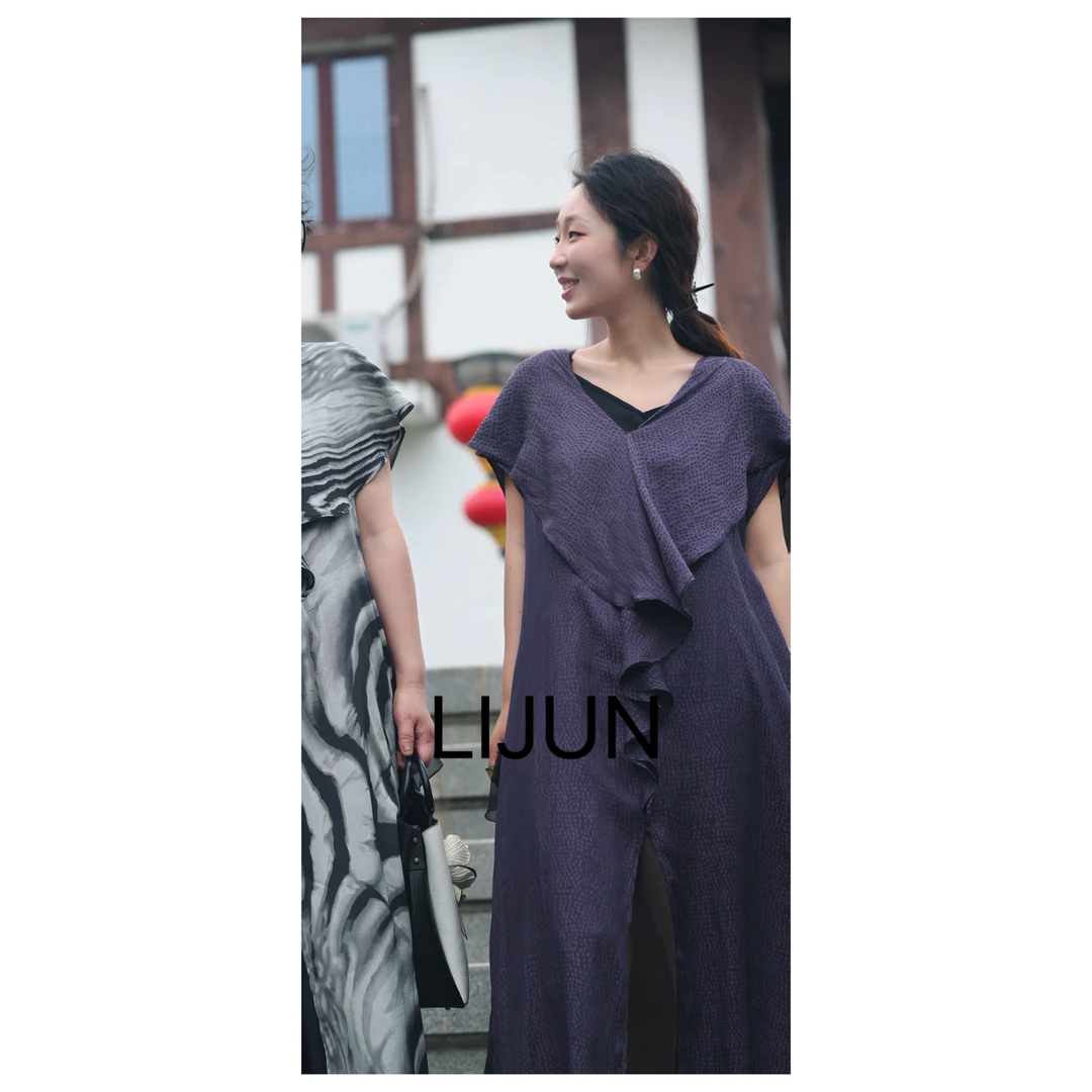 篱君【紫澜】褶皱新款紫色宽松显瘦时尚百搭气质休闲轻奢连衣裙