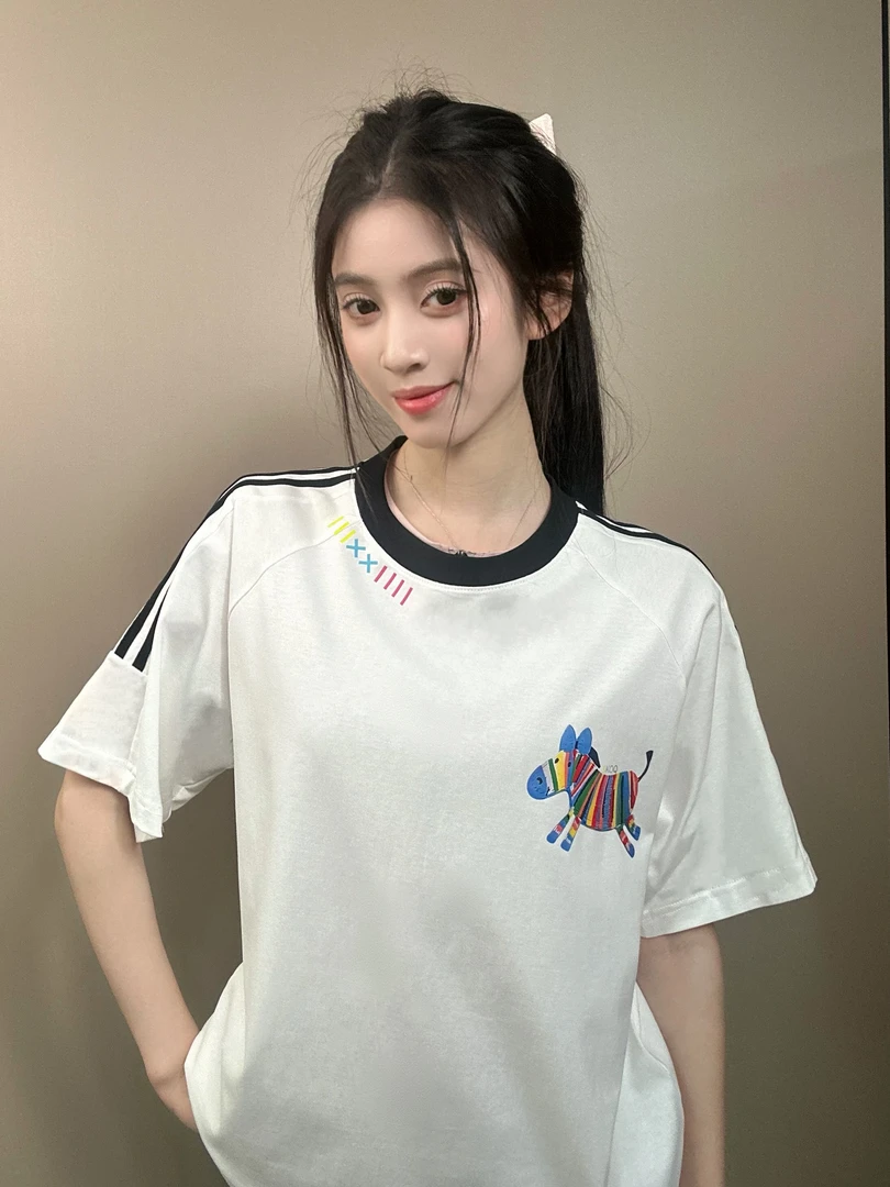 514-短袖印花T恤米白色上衣夏天薄款百搭简约撞色运动针织纯棉T恤