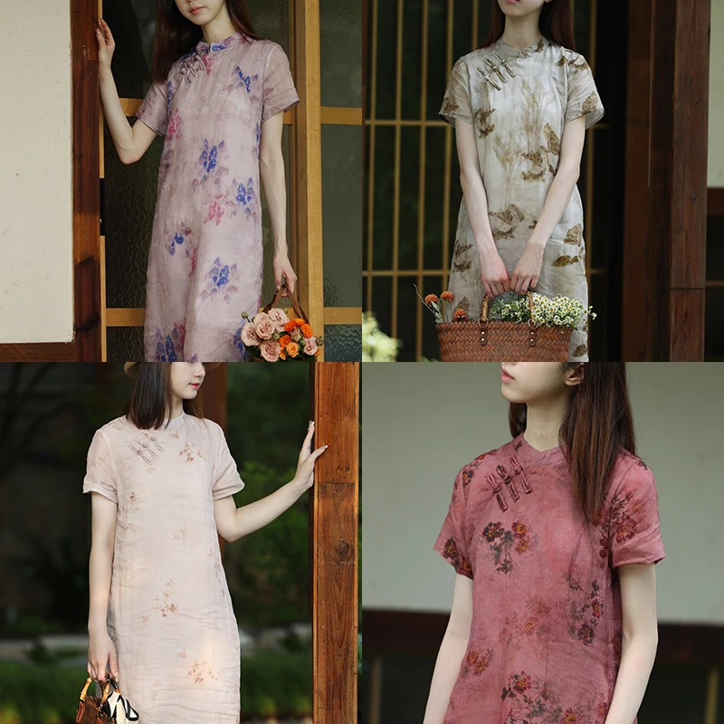 【001-020】苎麻改良新中式旗袍裙国风复古设计连衣裙夏短袖女