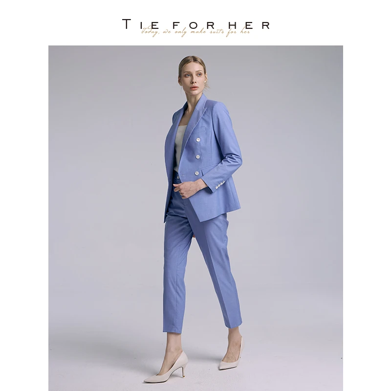 TieForHer 马卡龙蓝双排扣修身职场精致通勤高端西服九分裤套装女
