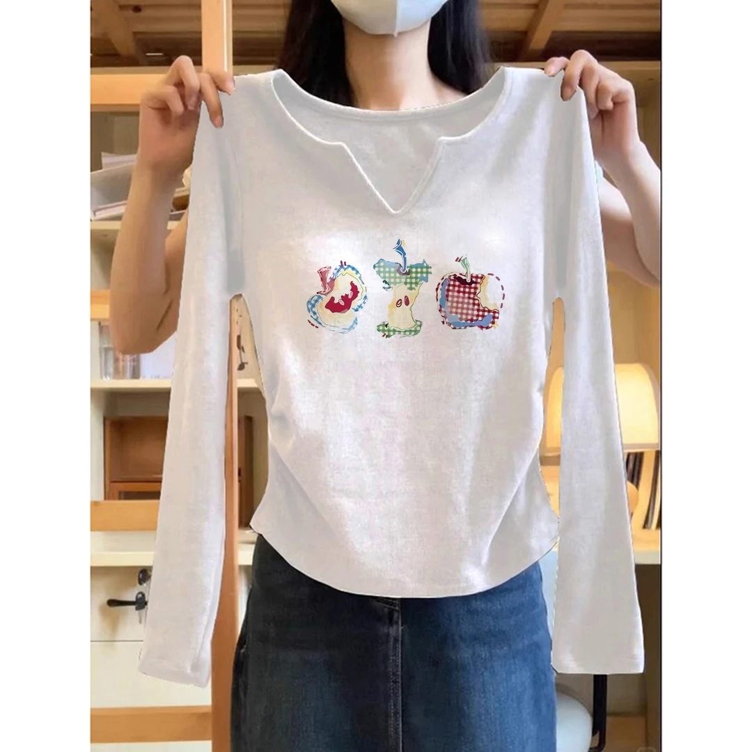 2025新款V领白色打底长袖慵懒风上衣女装秋季漂亮时髦t恤女款