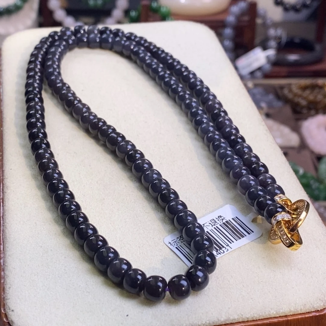 和田玉收藏级烟紫帝王紫老矿老型珠珠链7m未镶嵌