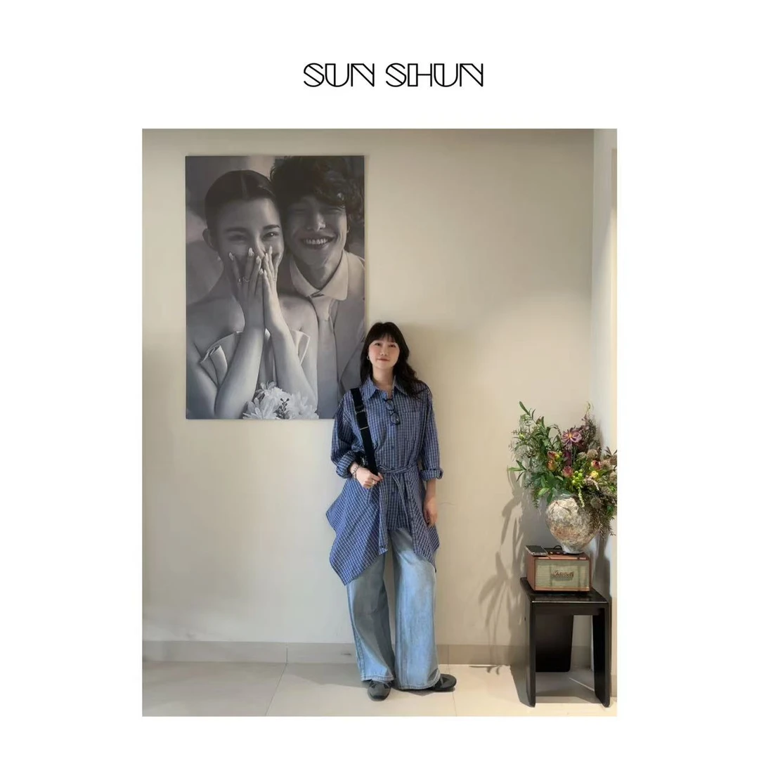 Sanshun－(四月婀娜亚)－格子衬衫带腰裙开口袖长袖翻领宽松百搭