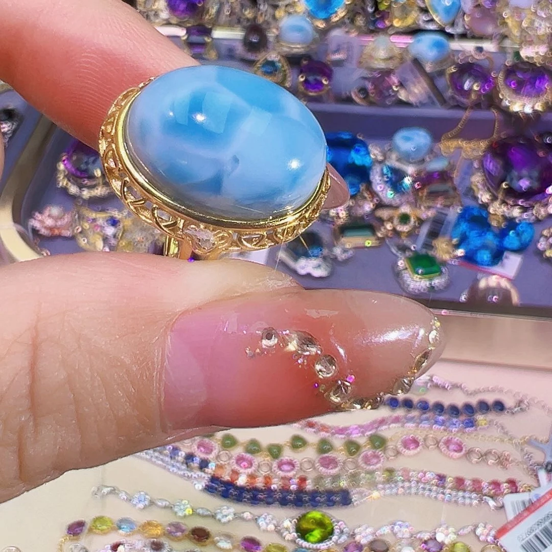 银S925镶嵌针钠钙石（海纹石）珠宝奇石