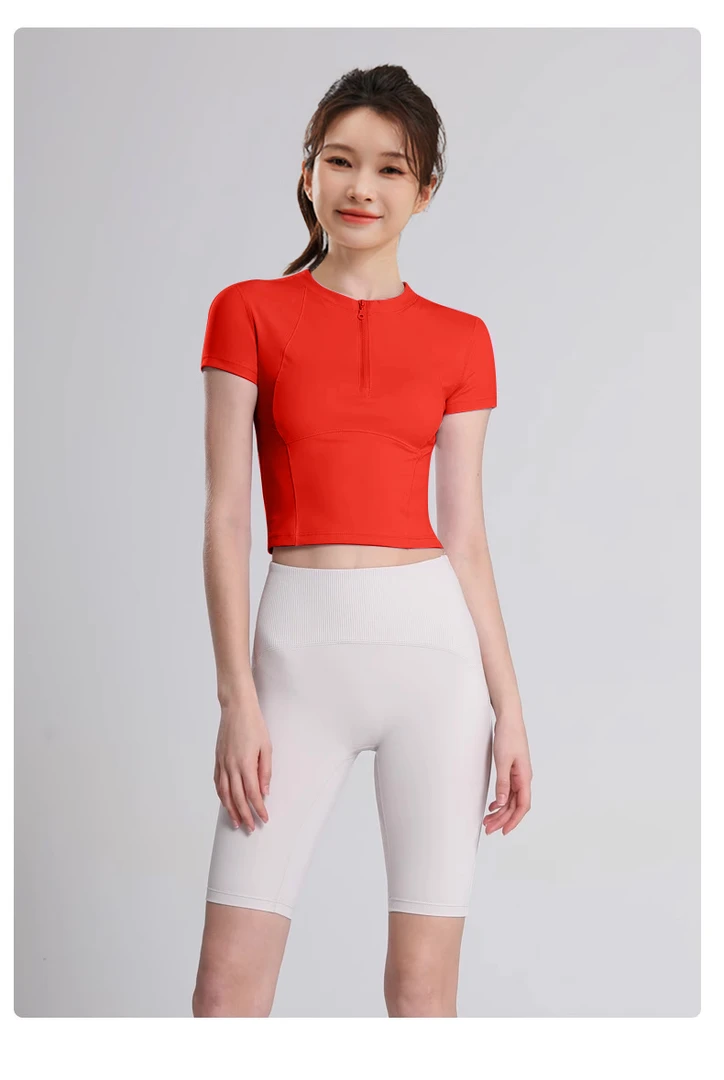 红【高定】&瑜伽服上衣跑步运动半拉链修身显瘦透气短袖3017