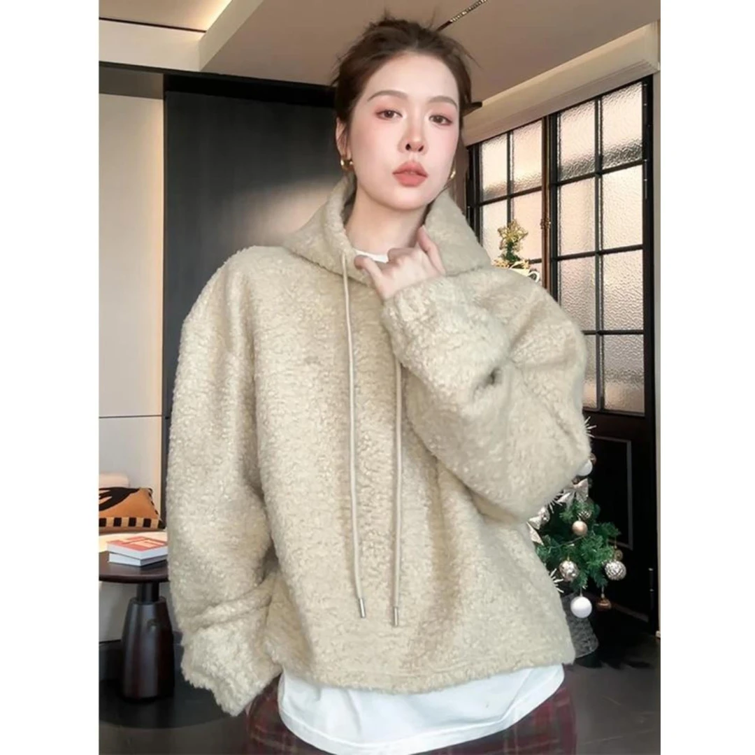 Jaa布拉格报刊 设计感冬季卫衣连帽宽松加绒加厚慵懒风休闲上衣女