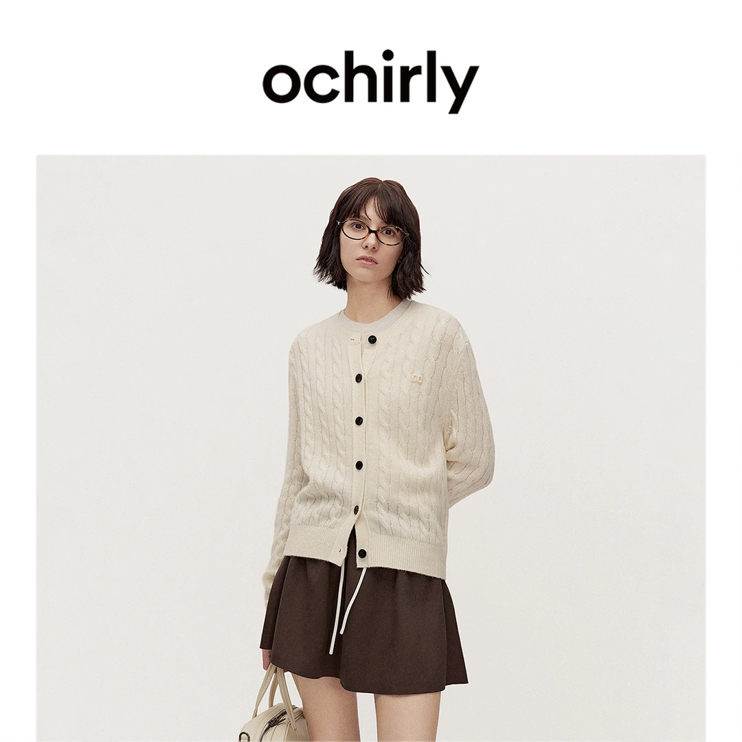 ochirly 可机洗100%羊绒针织外套女上衣小香秋冬新品