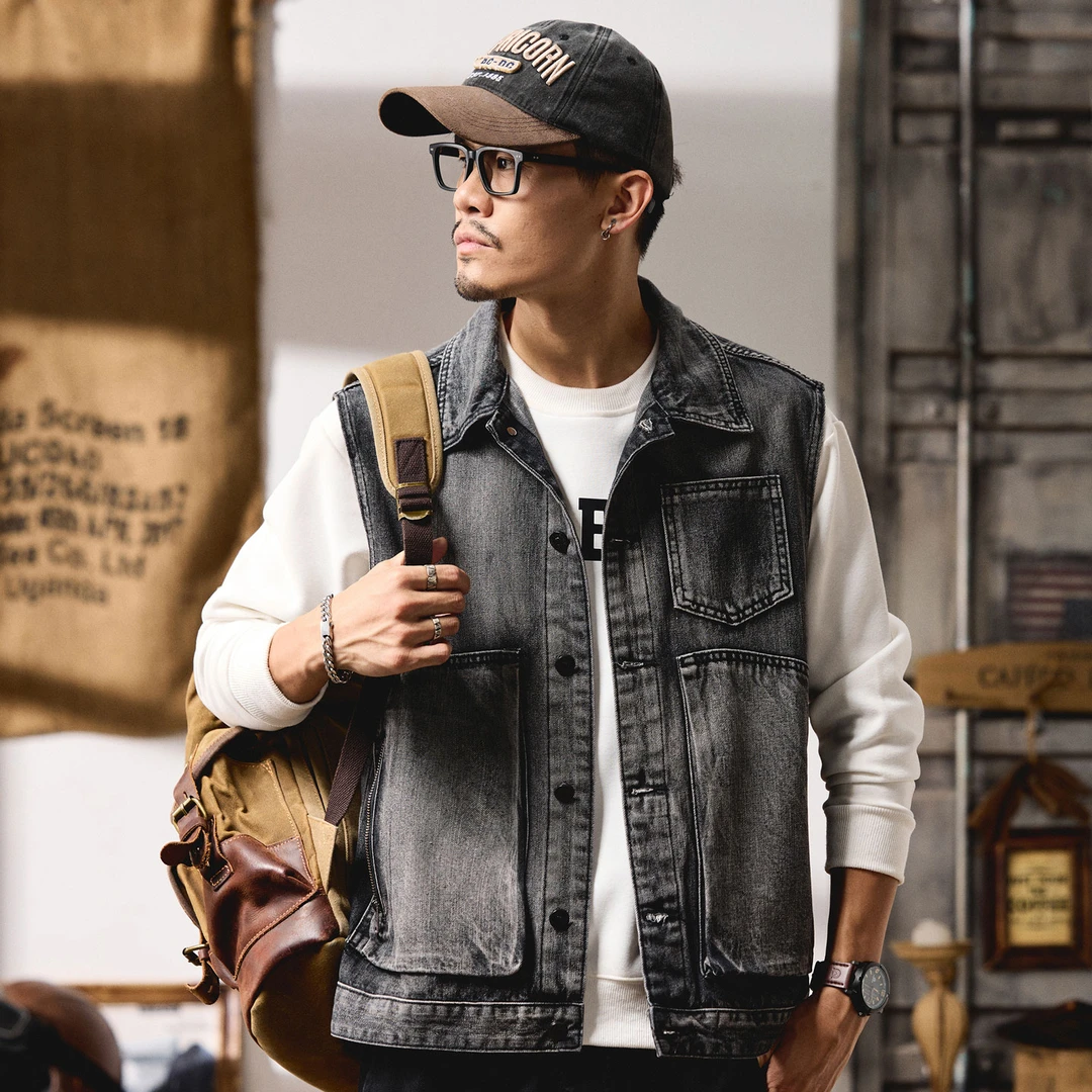 烟灰色复古牛仔马甲男士重工水洗大口袋坎肩马夹背心春秋新品上衣