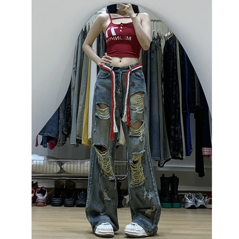 美式复古做旧水洗破洞牛仔裤女2025夏季薄款宽松显瘦阔腿裤拖地裤
