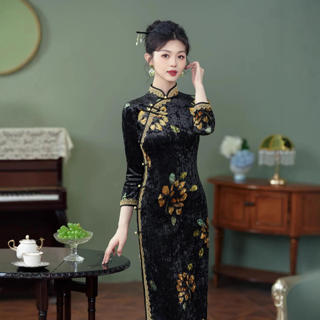 老上海复古优雅旗袍高档长款2024中式新款气质妈妈改良日常连衣裙