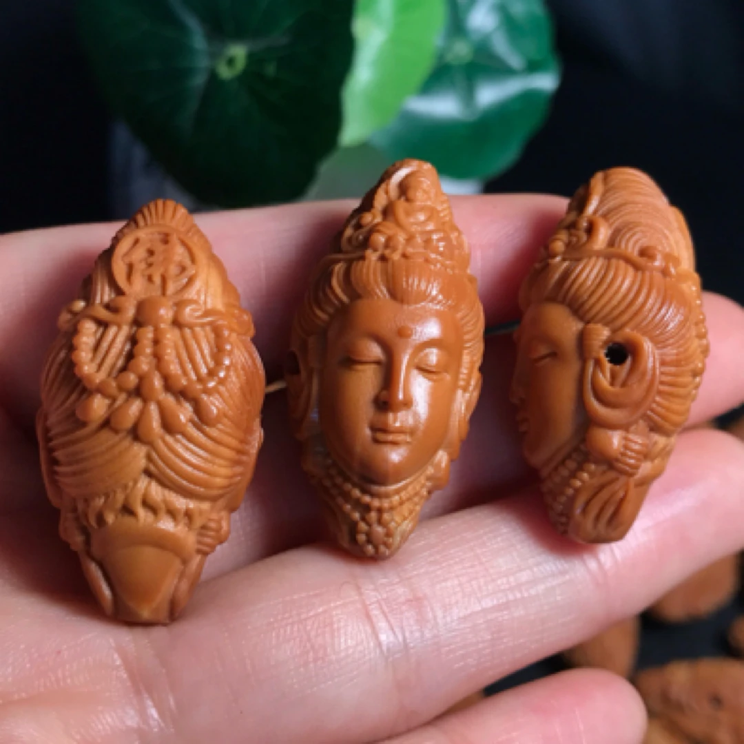 橄榄核雕刻观音三通单颗尺寸1.7*3.3cm文玩配串配饰观世音老油核