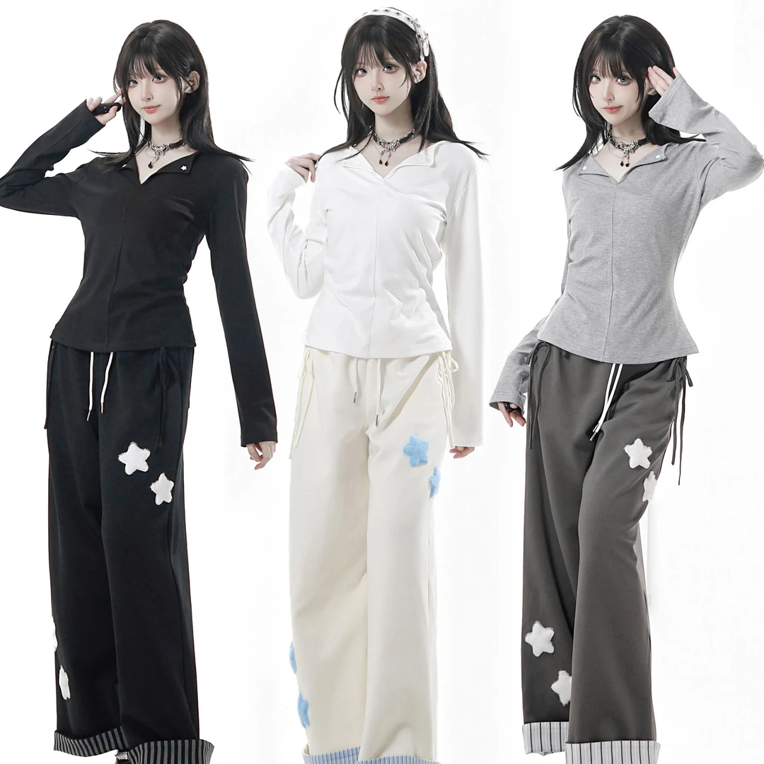 PINKSAVIOR【氧气星星】三色拼缝收腰基础长袖上衣显瘦立体星星扣