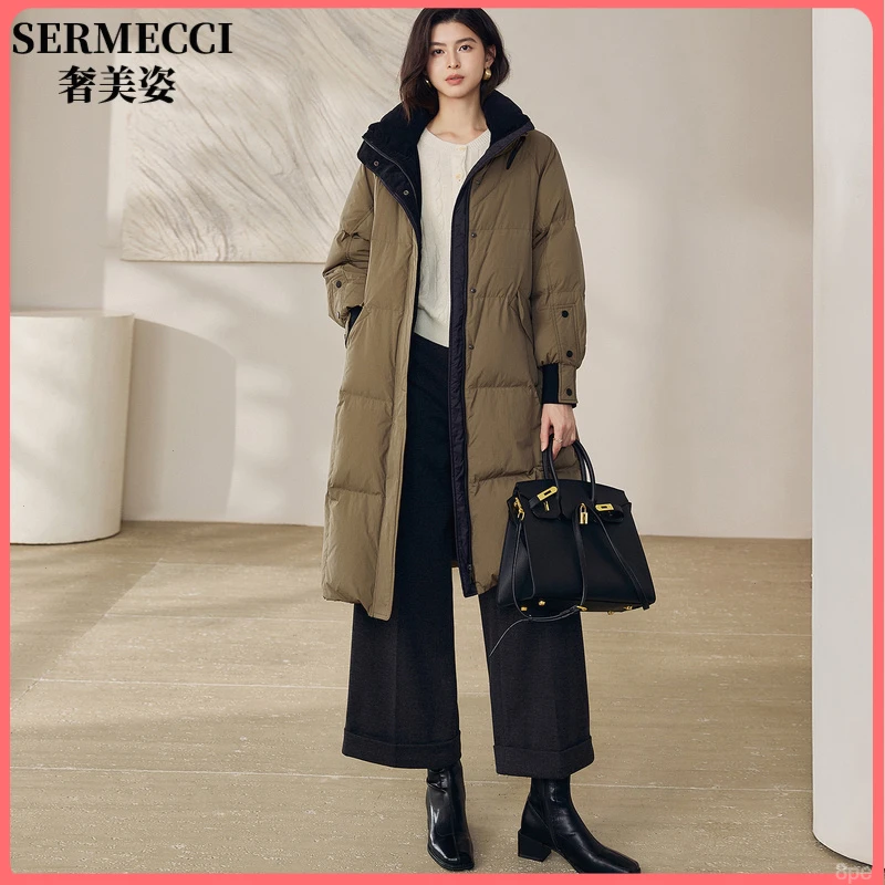 奢美姿轻奢时尚中长款黑色格子基础款厚实羽绒服女冬季保暖外套女