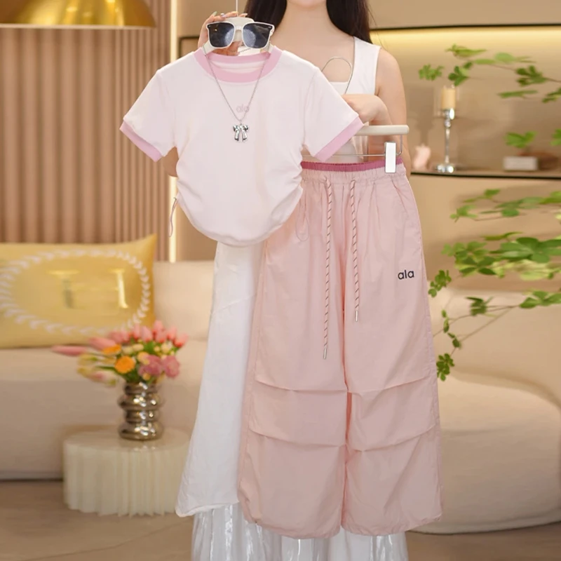 女童装夏季时髦洋气t中大儿童女孩抽绳短袖T恤浅粉工装裤两件套装