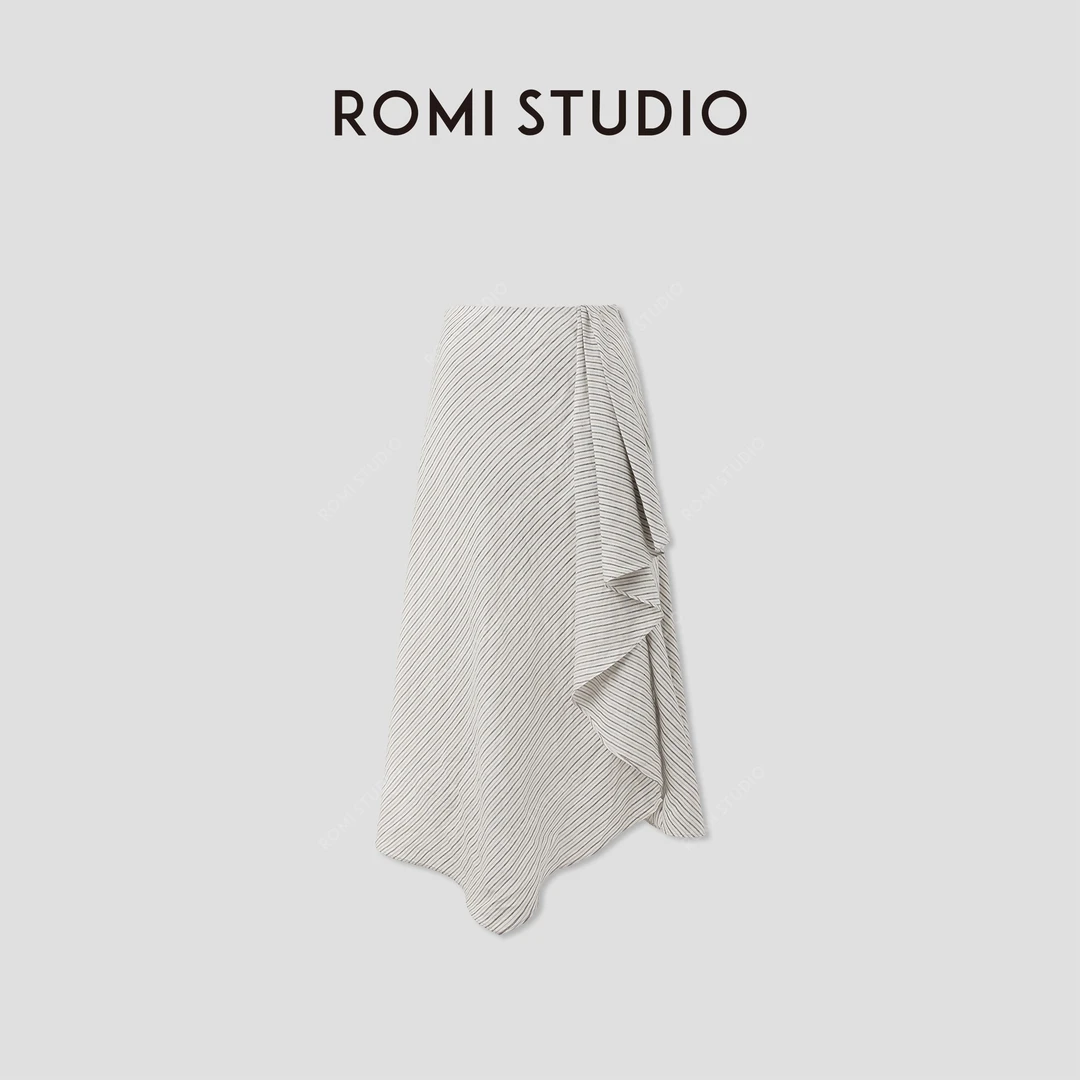 ROMI STUDIO“灵动优雅”100%色纺亚麻不规则条纹半身裙 RWCRXW4538