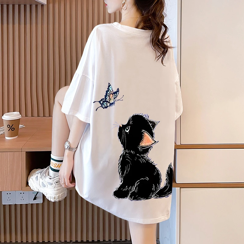 白色纯棉圆领t恤女款2025夏季韩版大码体恤宽松中长款卡通上衣ins