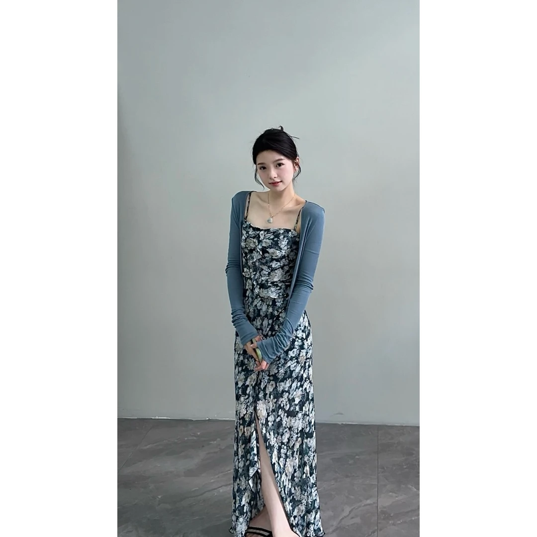 【颂宋】夏季新款茶歇法式绝美吊带连衣裙海边碎花裙开叉长裙DT1205