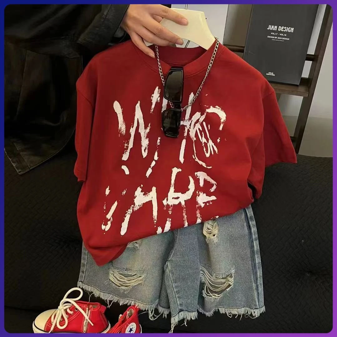 2025夏季新款男童韩版时尚短袖套装宝宝洋气上衣破洞牛仔短裤炸街