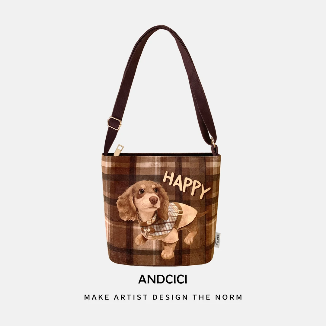 2025新款 原创美拉德复古腊肠狗 斜挎款拉链水桶包单肩包手提包