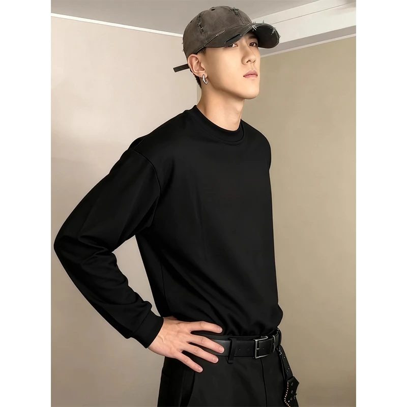 黑色纯棉重磅小领口长袖T恤男秋季新疆棉正肩上衣美式内搭打底衫