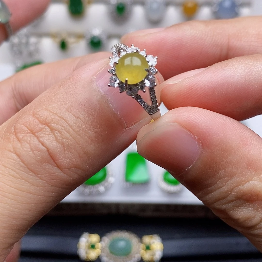 翡翠戒指银S925镶嵌芝****盖戒指