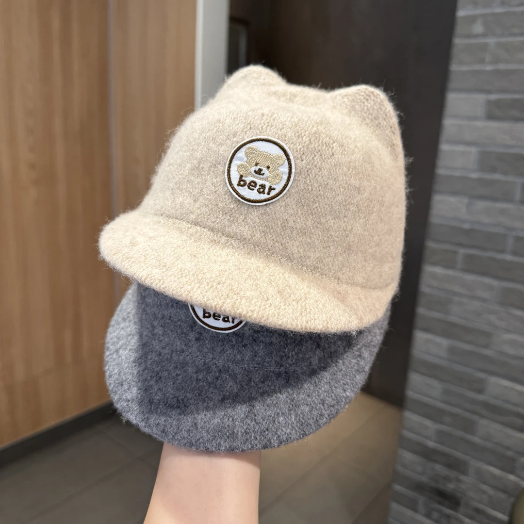 儿童帽子秋冬款宝宝毛呢马术帽婴幼儿防风保暖鸭舌帽卡通小熊帽子