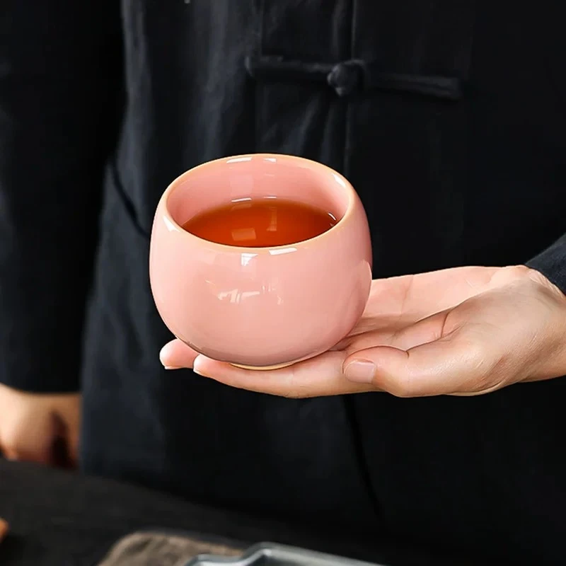 陶瓷家用款粉色西瓜釉开片罗汉主人杯茶具茶器YY4746