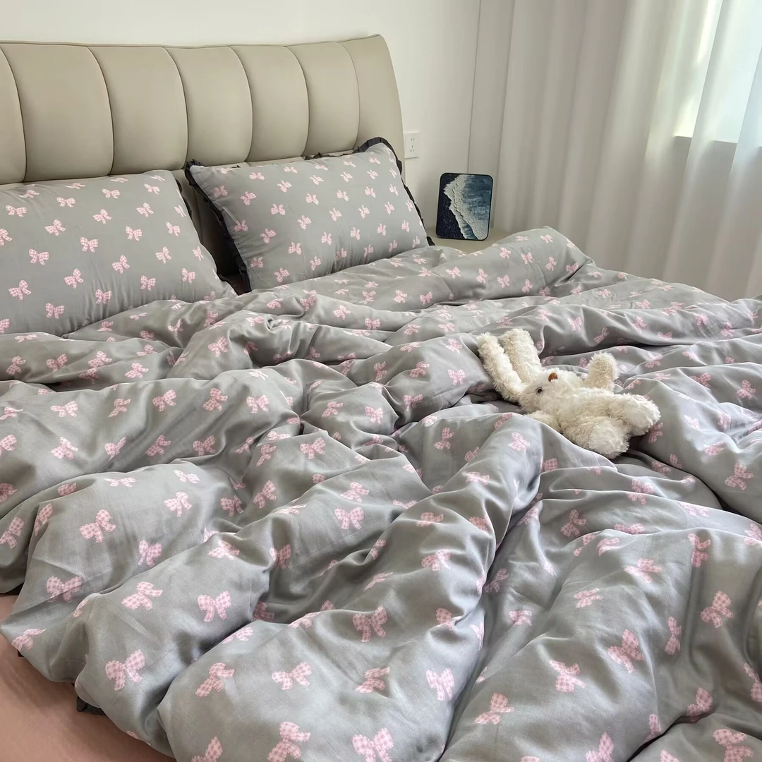 花边款全棉A类双层纱四件套床单枕套被套柔软舒适印花针织棉床上