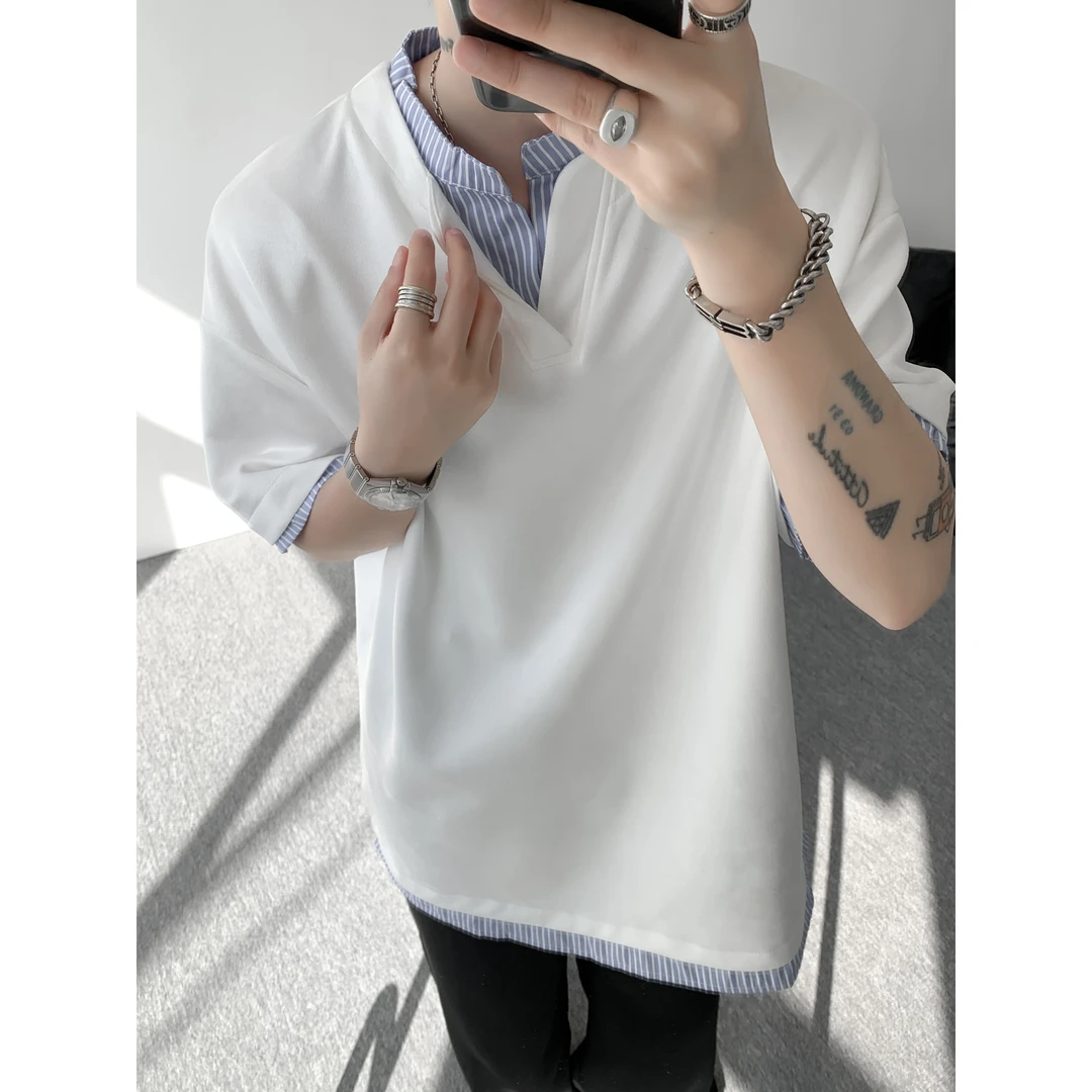 夏季新款撞色条纹V领假两件立领宽松短袖极简宽松舒适百搭款T恤