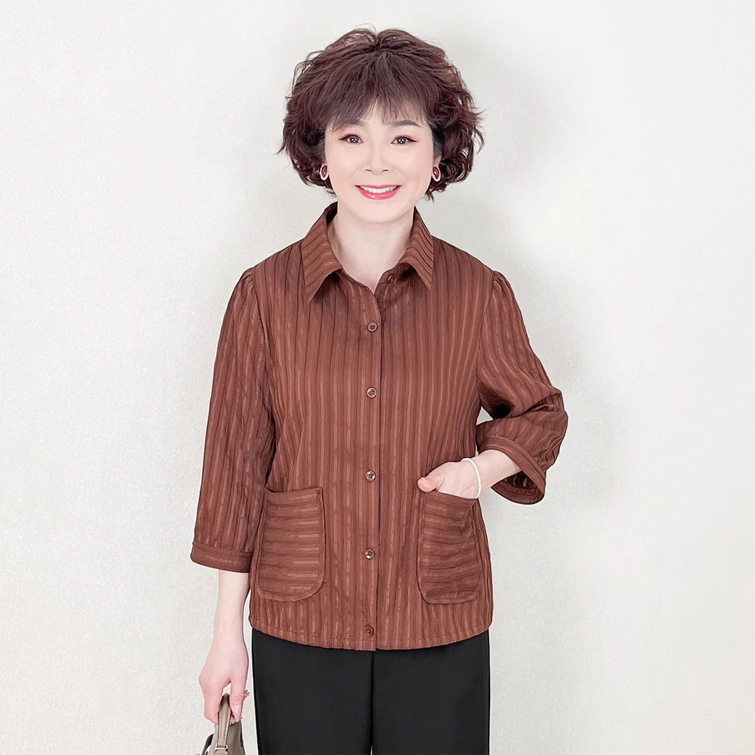 妈妈秋装新款上衣翻领中年女时尚t恤中老年时尚七分袖大码衬衫