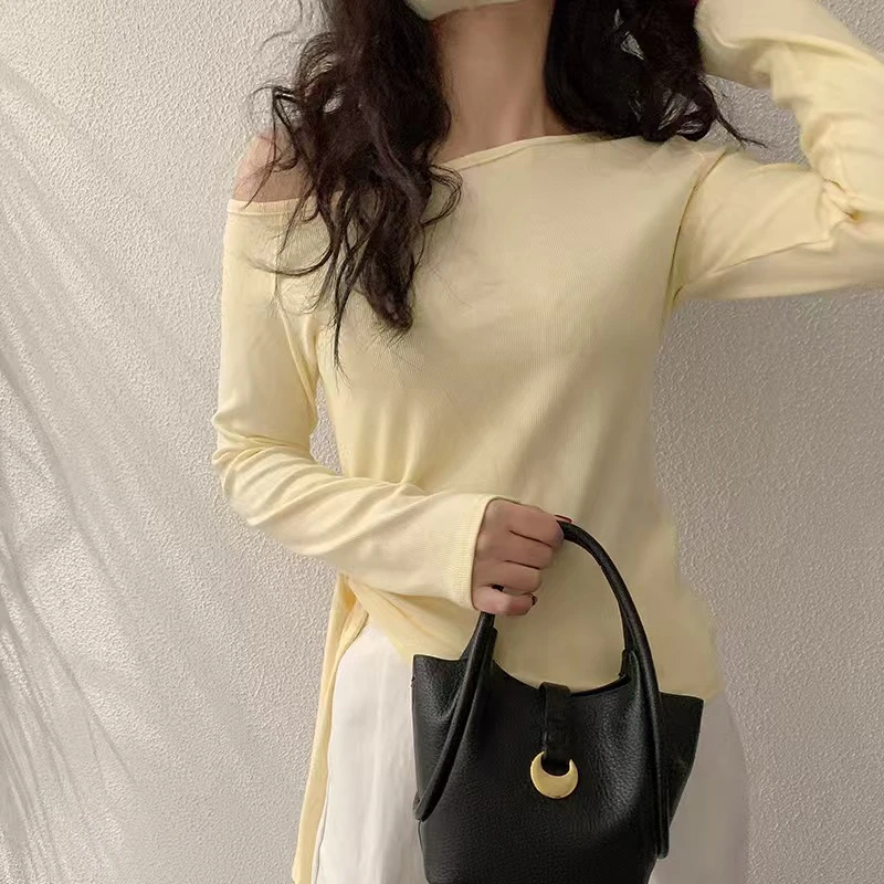 修身T恤不规则简约抓绒V领衫方领短款纯色长袖一字领百搭紧身