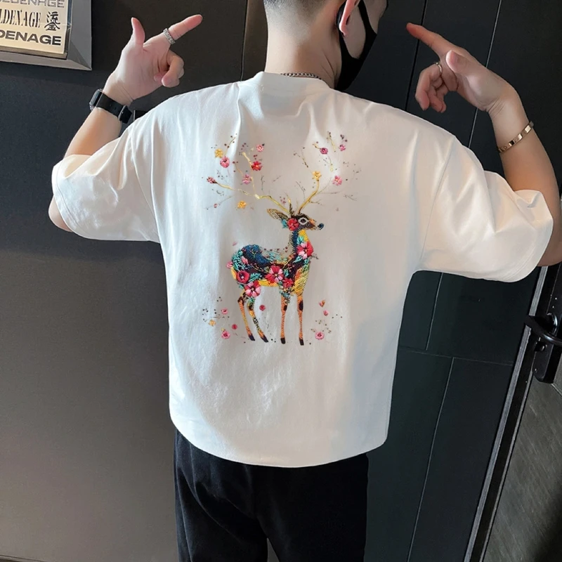 国潮国风夏季新款痞帅重磅纯棉短袖-梅花鹿百搭圆领上衣休闲T恤男