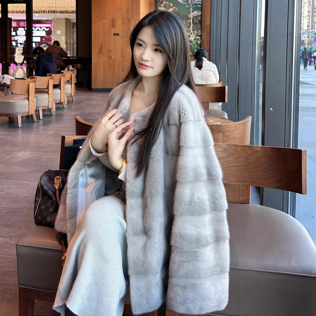 【小蝶】新款进口水貂毛皮草外套女横排工艺圆领时尚貂皮大衣女整貂